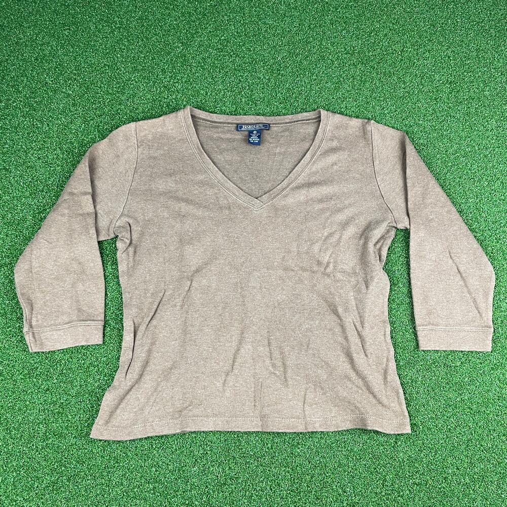 Vintage Harolds Plain Brown 3/4 Sleeve V-Neck Knit Top Sz S